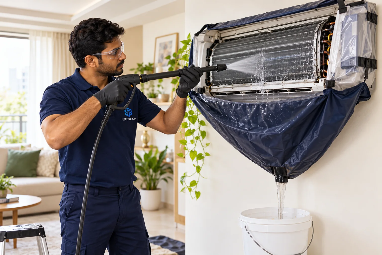 Illustrative NecoVision technician using a protective bag while cleaning an indoor air conditioner