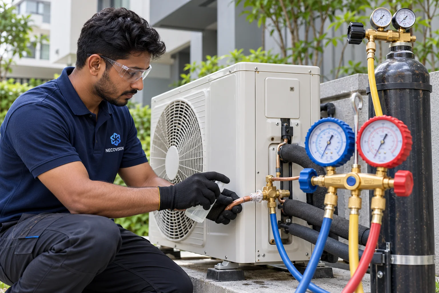 Illustrative technician checking a nitrogen pressure gauge beside an outdoor condenser