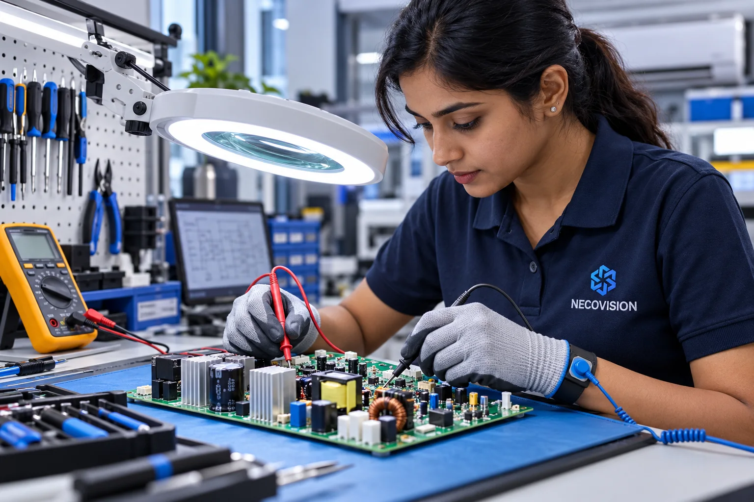 Illustrative electronics specialist inspecting an inverter PCB at an ESD bench